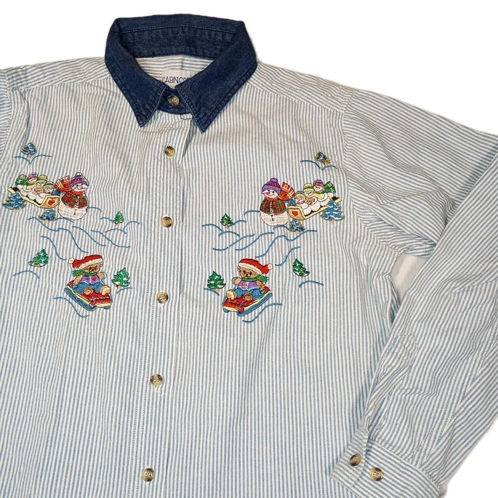 VTG Denim Winter Christmas Snowman Bear Embroidered Button Up Shirt‎ Sz S 90s